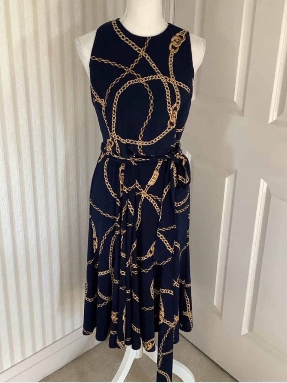 NWT Lauren Ralph Lauren Navy Gold Chain Print Tie Waist Dress